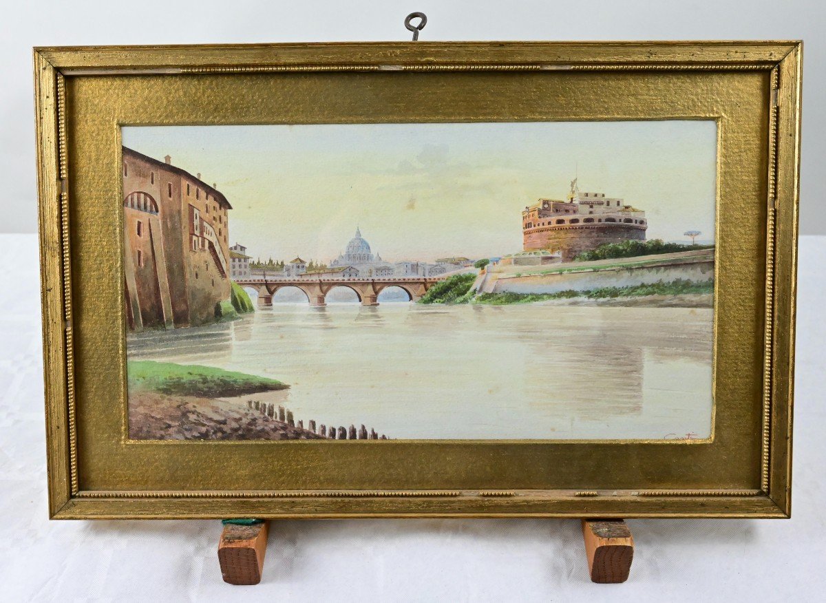 Paysage Romain Château San't Angelo Et Fleuve Tibre Aquarelle Signée Conti, Italie Fin Du XIXe 